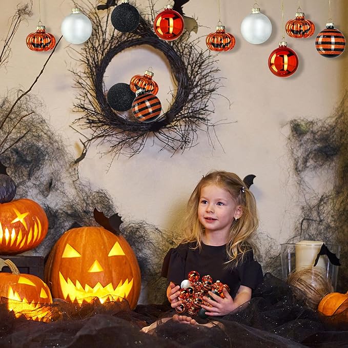 Halloween Tree Ornament Decorations Indoor, 12-Pack Pumpkin Decorative Hanging Ball Ornaments Set for Halloween Christmas Tree, Holiday Party Indoor Home Decor