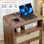 Farmhouse Nightstand with Charging Station, Night Stand with 2 Drawers, Mid-Century End Table with Linen Decor Storage for Livng Room Sofa Couch, Bedroom, Home Office 19.68"x13.77"x23.62"