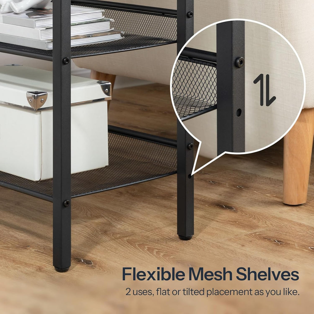 HOOBRO End Table, 3-Tier Narrow Side Table with Charging Station, Nightstand with 2 Flat or Slant Adjustable Shelves for Small Spaces, Living Room, Bedroom, Rustic Brown and Black BF23UBZ01G1