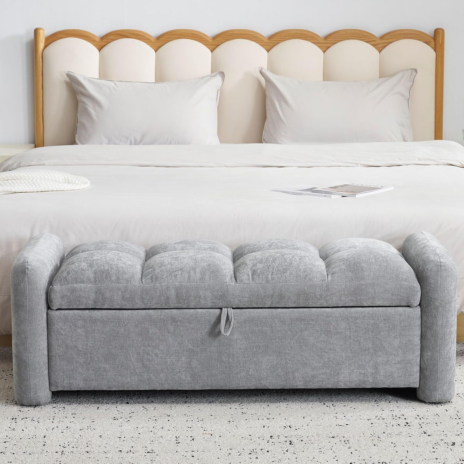 Oversized Chenille Ottoman Bench with Storage, Upholstered End of Bed Bench for Bedroom, Ottoman Foot Rest for Living Room, Light Grey