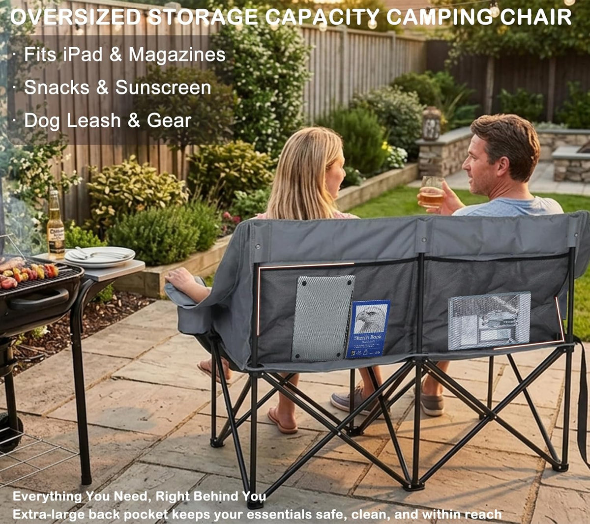 Bolosy Double Camping Chair Oversized Loveseat Heavy Duty 2 Person Camp Chair with Cup Holder Lawn ChairDuo Chair for Camping, Beach, Lawn, Picnics, Fishing, Sports,Supports 650 LBS, Grey