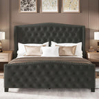 LARMACE Queen Size Bed Frame Velvet Upholstered Platform Bed with Wingback Headboard & Footbaord, Deep Button Tufted Bed Frame with Wood Slats Support, No Box Spring Needed, Grey