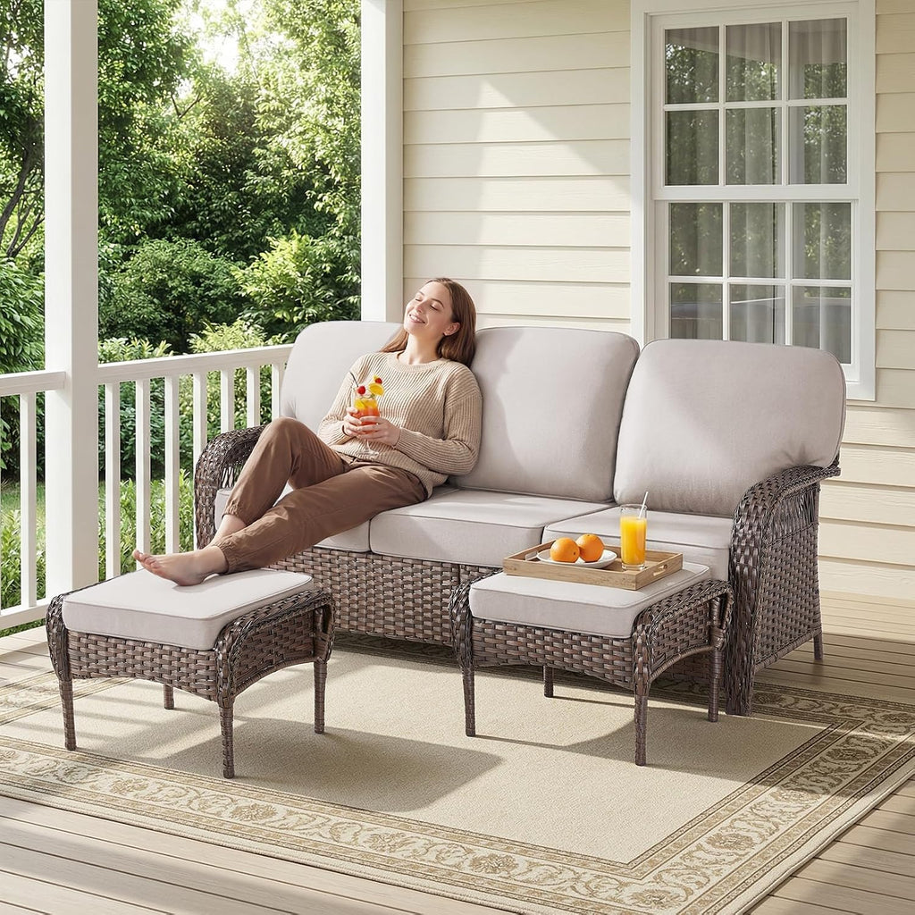 Belord Luxury Outdoor High Back Couch, All-Weather Wicker 3-Seater Sofa, Wicker Patio Furniture for Deck Porch Garden,Beige