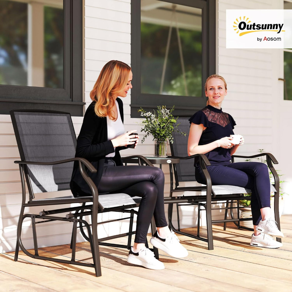 Outsunny Outdoor Glider Chair with Table 2-Seat Patio Loveseat Gray | Rocking Chair Swing Love Seat, Breathable Sling, Backyard Garden Porch