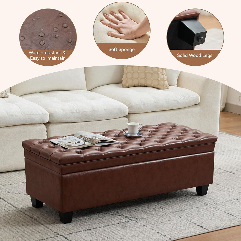 WUTUTUEE 50" Faux Leather Storage Ottoman Bench, Upholstered Rectangle End of Bed Storage Ottoman Tufted Living Room Bedroom Bench with Safety Hinge, Solid Wood Legs, Loads 500 lb(Brown)
