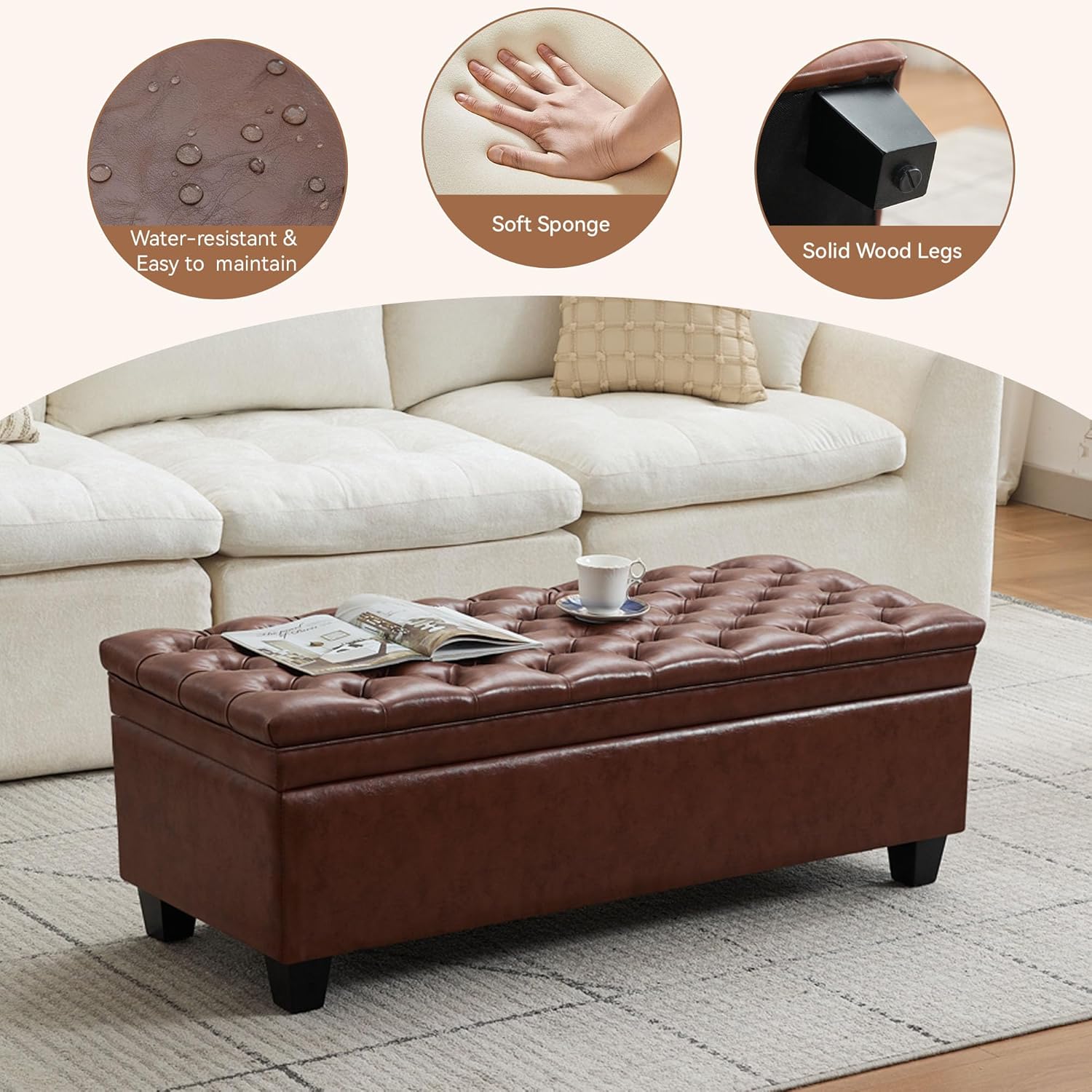WUTUTUEE 50" Faux Leather Storage Ottoman Bench, Upholstered Rectangle End of Bed Storage Ottoman Tufted Living Room Bedroom Bench with Safety Hinge, Solid Wood Legs, Loads 500 lb(Brown)