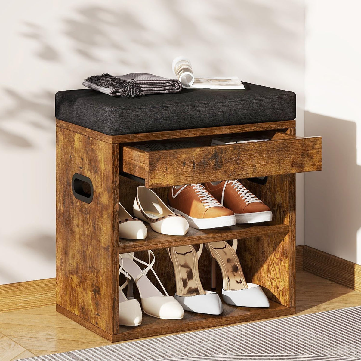 YMYNY Small Shoe Storage Bench with Cushion and Drawer, 2 Tier Adjustable Entryway Bench with Storage, Wooden Shoe Rack Bench for Entryway, Living Room, Hallway, Closet, Bedroom, Rustic Brown, HSC002H