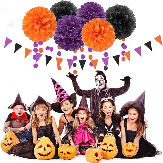 Black Purple Orange Halloween Party-Decorations - 23pcs Tissue Pom Poms Streamers,Tassel Garland Banner,Graduation 2025 Birthday Wedding Baby Bridal Shower Decor Bunting Lasting Surprise