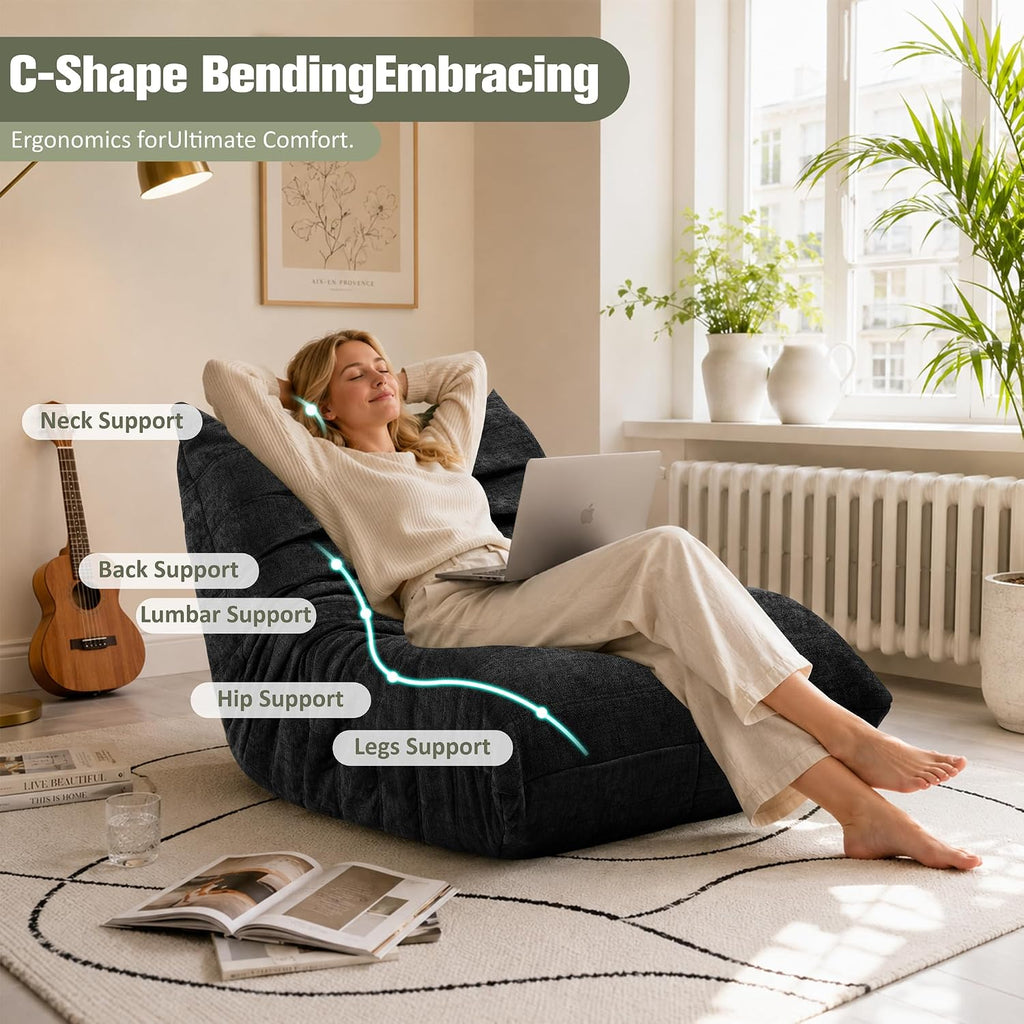 Vongrasig Bean Bag Chair for Adults, Line Fabric Lazy Sofa Couch, Memory Foam Filled Bean Bag Lounge Chair Perfect for Living Room, Bedroom and Office, Black