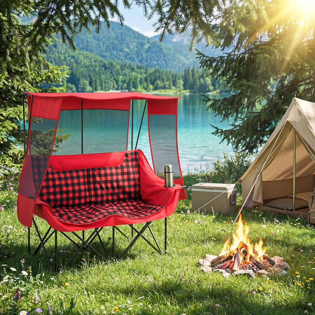 Teenyyou Double Camping Chair with Canopy - 2 Person Beach Chair with UV Sun Protection 660lbs Heavy Duty Foldable Loveseat with 2 Cup Holder & Storage Bag for Lawn Beach Outdoor Sport(Red Plaid)