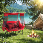 Teenyyou Double Camping Chair with Canopy - 2 Person Beach Chair with UV Sun Protection 660lbs Heavy Duty Foldable Loveseat with 2 Cup Holder & Storage Bag for Lawn Beach Outdoor Sport(Red Plaid)