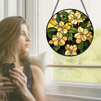 Stained Glass Window Hanging - Yellow Flower Green Leaf Suncatcher for Doors Garden Patio Fall Decor Sun Catchers Christmas Mother's Day Birthday Gifts for Women Men Mom Nana Friend 6.3 in