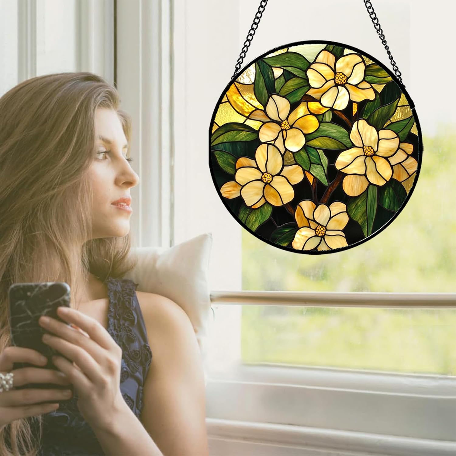 Stained Glass Window Hanging - Yellow Flower Green Leaf Suncatcher for Doors Garden Patio Fall Decor Sun Catchers Christmas Mother's Day Birthday Gifts for Women Men Mom Nana Friend 6.3 in