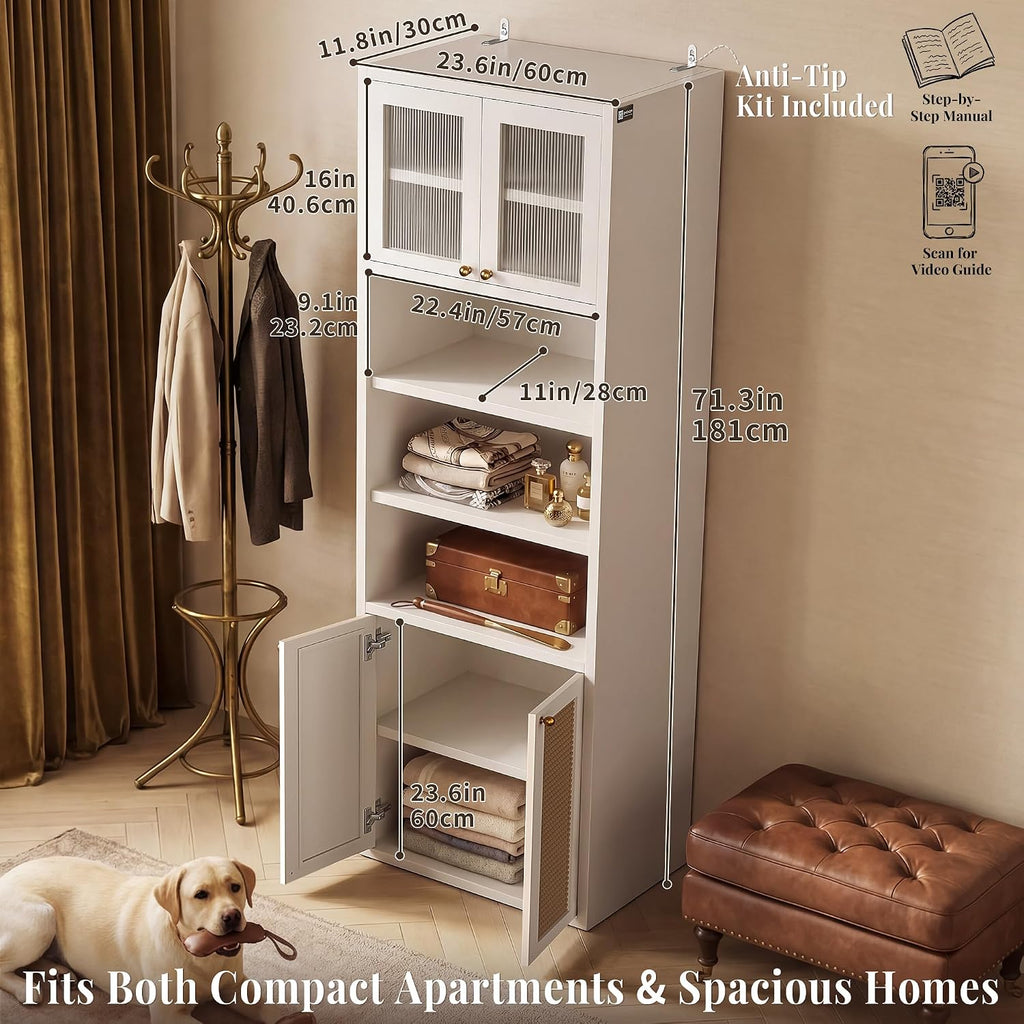 71.7" Bathroom Storage Cabinet, Rattan Tall Freestanding Kitchen Pantry with Doors, Adjustable Shelves and Anti-Tip Devices for Living Room, Dining Room, White