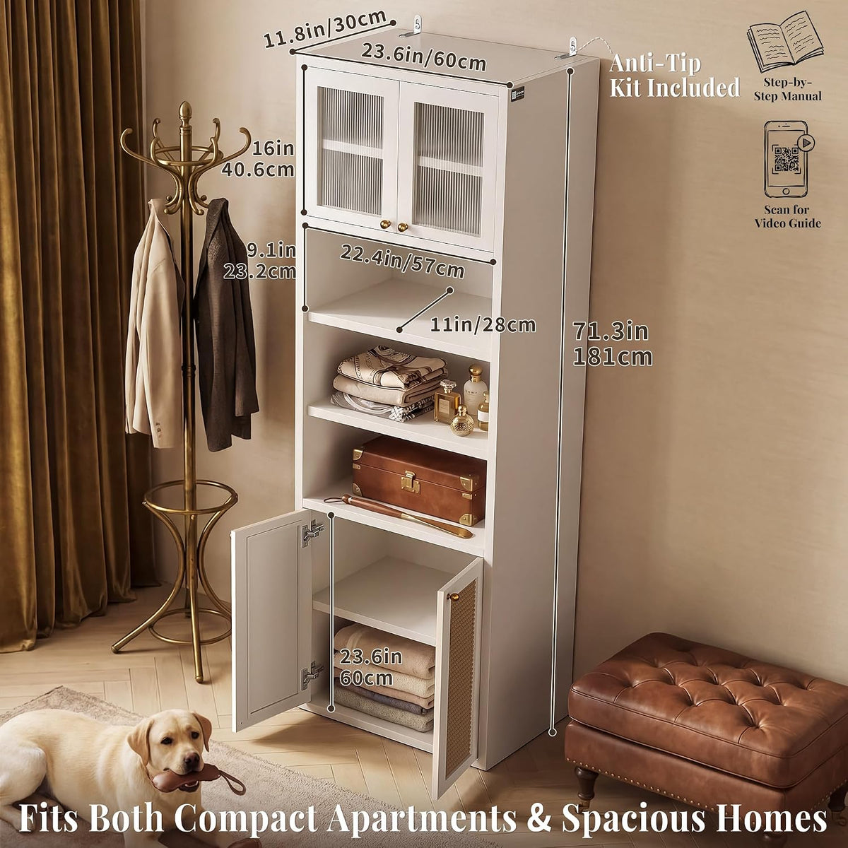 71.7" Bathroom Storage Cabinet, Rattan Tall Freestanding Kitchen Pantry with Doors, Adjustable Shelves and Anti-Tip Devices for Living Room, Dining Room, White
