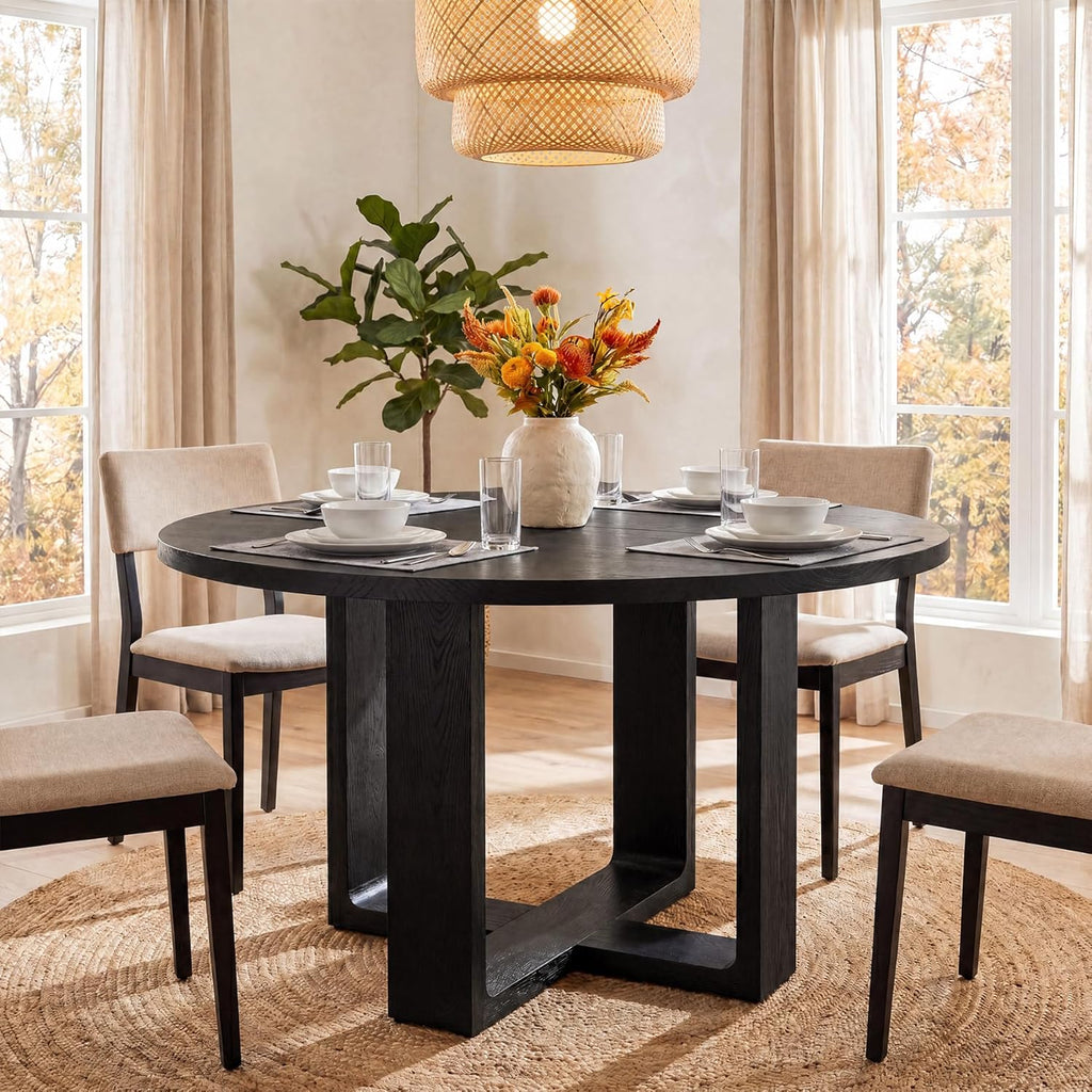 47.24" Black Round Dining Table for 4–6 People, Solid Wood Kitchen Table with 1.18" Thick Wooden Tabletop & Stable Cross-Shaped Base for Dining Room, Pure Black