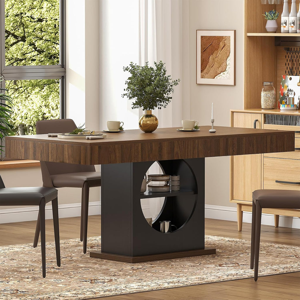 Dining Table for 4-6 People, 55 Inches Dinner Table with Drawers and Open Storage, Wooden Pedestal Base, Rectangular Farmhouse Kitchen Table for Kitchen, Living Room