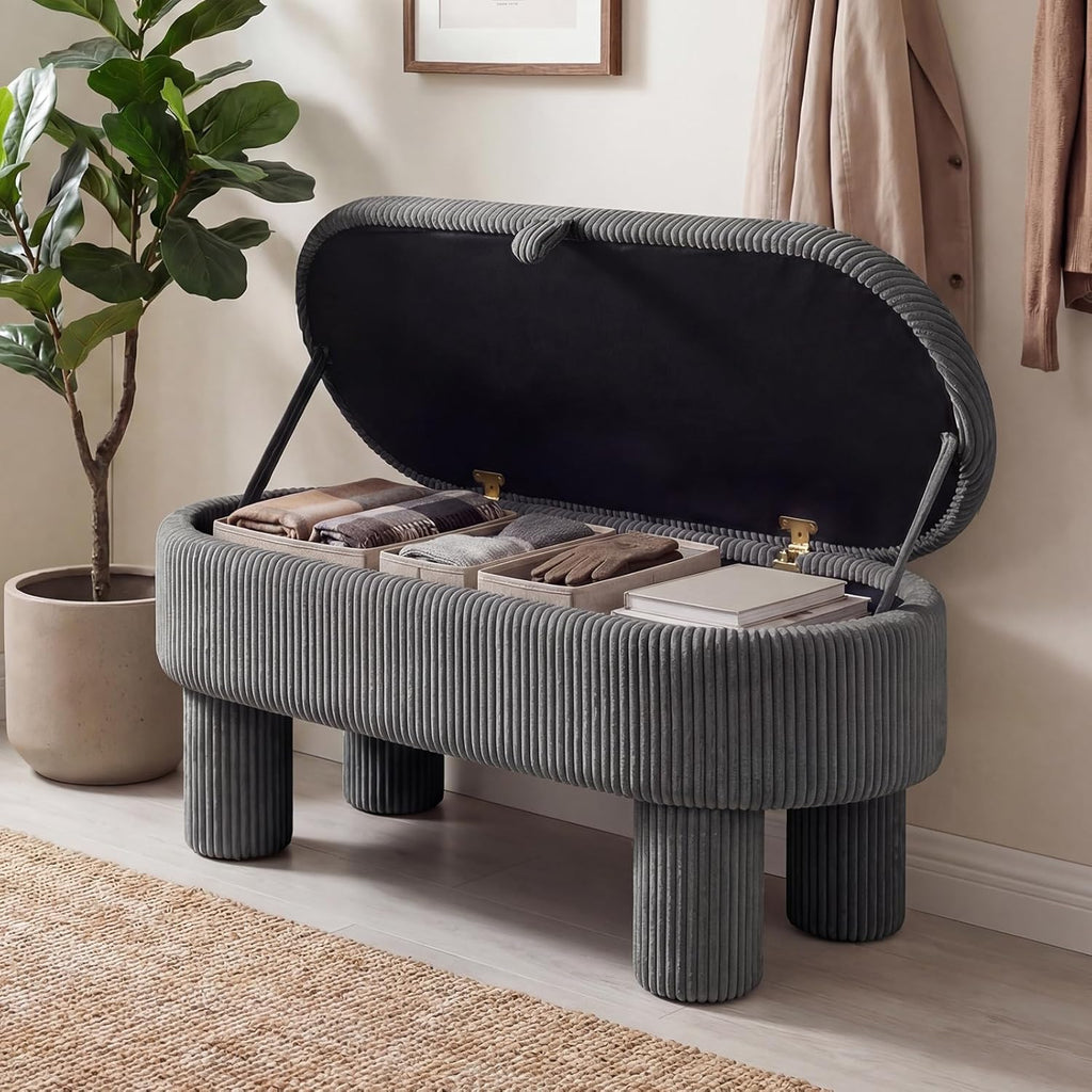 Giantex 42'' Storage Ottoman Bench, Corduroy Fabric Upholstered End of Bed Bench with Hidden Storage Compartment & Legs, Blanket Storage Chest for Living Room, Bedroom, Entryway (Gray)