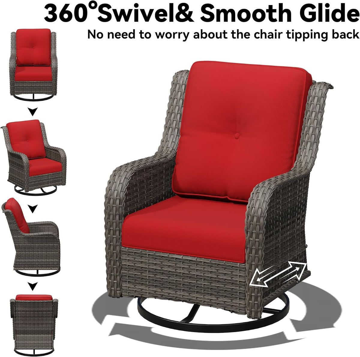 Outdoor Swivel Rocker Patio Chair - Outdoor Wicker Patio Furniture with Thickened Olefin Cushions, High Back and Deep Seating, Hand-Woven PE Rattan for Porch, Deck, Balcony, Red