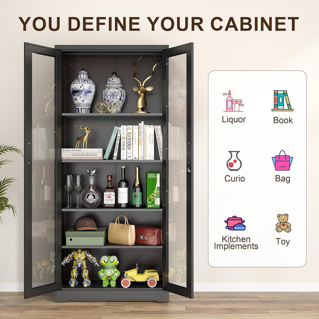 Curio Display Cabinet with Glass Doors,71”H Metal Display Case with 4 Adjustable Shelves - Black China Storage Cabinet for Collectibles, Trophies & Liquor - Locking Tall Glass Cabinet for Home