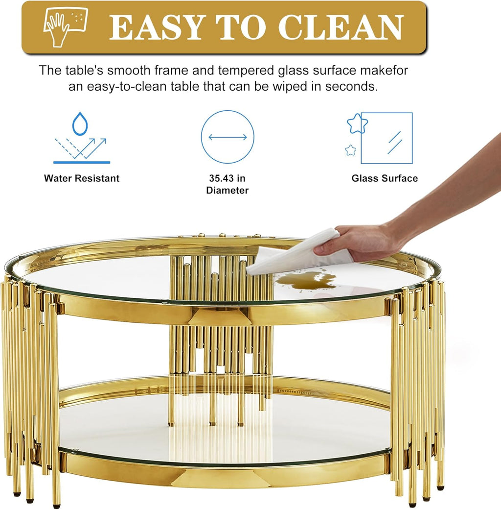 Round Glass Coffee Table Set of 3, Gold and Clear Modern Living Room Table Set, Includes 1 Coffee Table, 2 End Tables, Gold Stainless Steel Base Tempered Glass Top, Luxury Furniture for Home Office