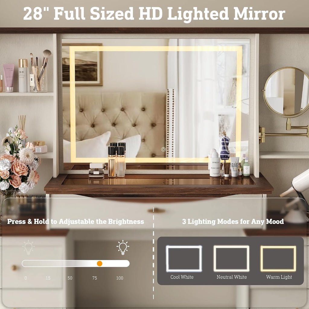 STO'SENSE Makeup Vanity Desk w/Mirror & Lights, 54" Large Vanity Table w/Glass Top, RGB Drawer, 𝐌𝐚𝐠𝐧𝐢𝐟𝐲𝐢𝐧𝐠 𝐌𝐢𝐫𝐫𝐨𝐫&Power Outlet,Make up Desk w/3 Shelves&7 Drawers,Dressing Table,White