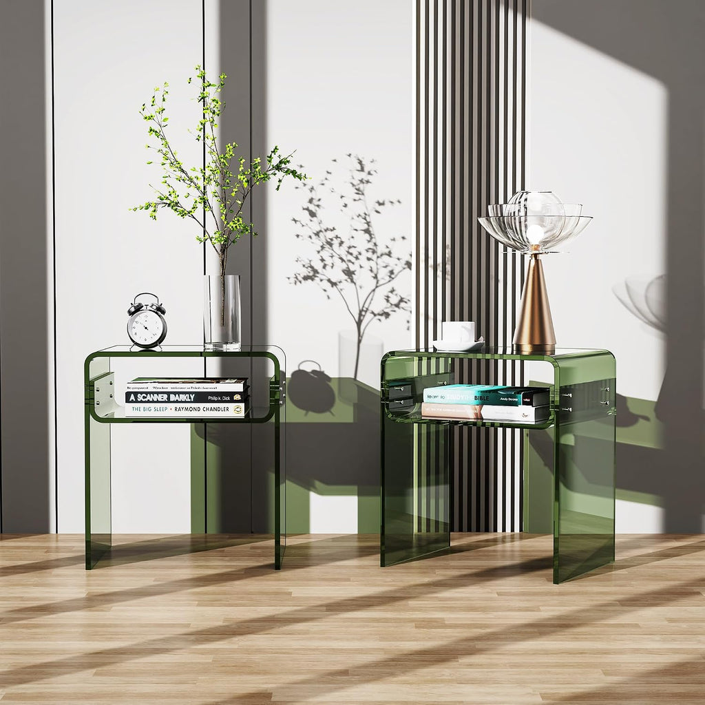 Clear Acrylic End Table 2-Tier Bedside Nightstand for Living Room Bedroom (1, Green Double)