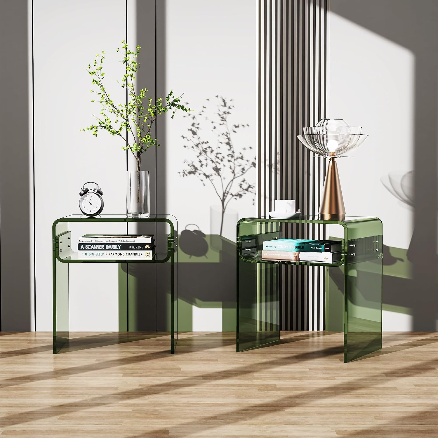 Clear Acrylic End Table 2-Tier Bedside Nightstand for Living Room Bedroom (1, Green Double)