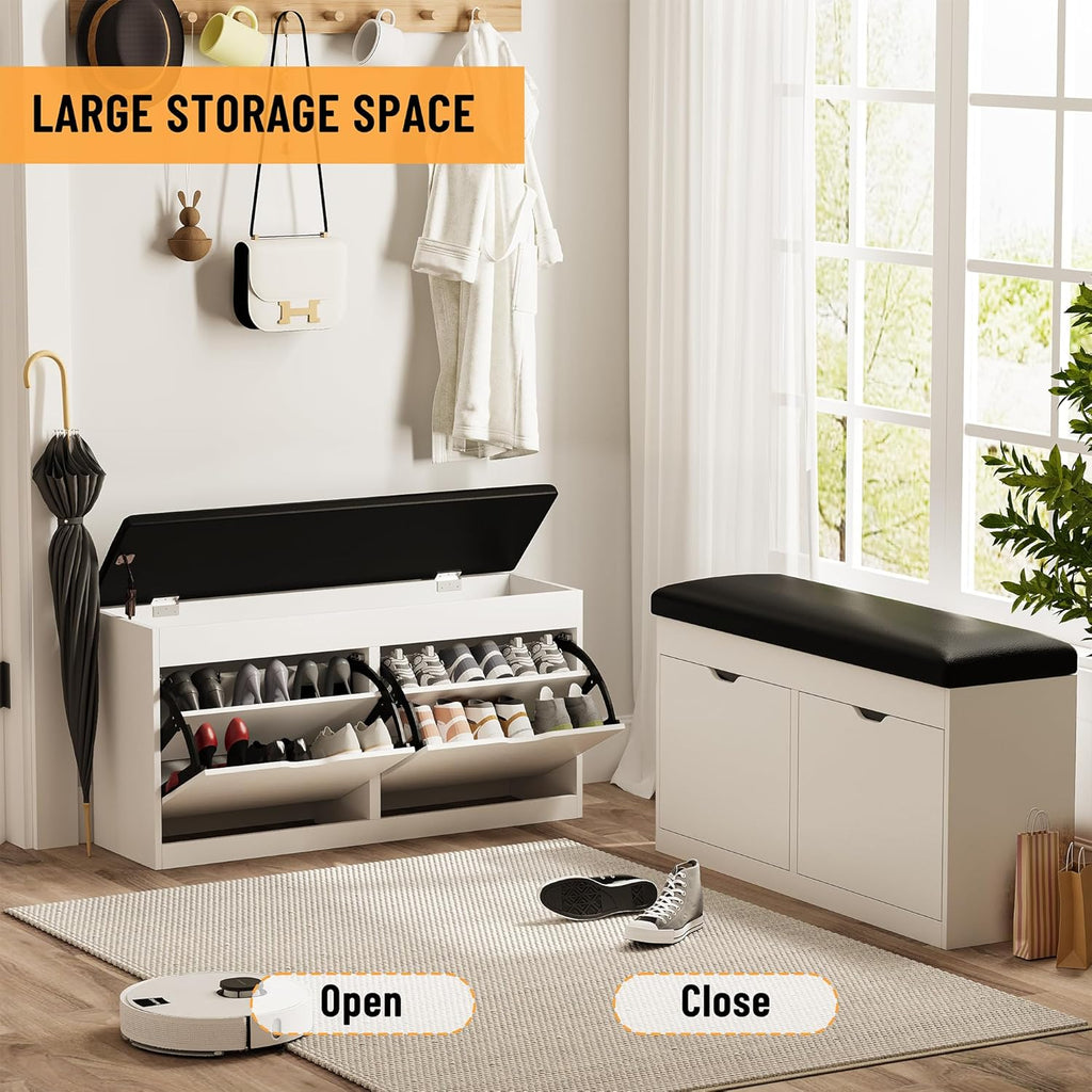 40" Shoe Storage Bench with 2 Flip Drawers & Padded Seat Cushion, Shoe Cabinet with Lift Top Storage Box, Shoe Bench Shoe Organizer for Entryway, Hallway, Living Room, White