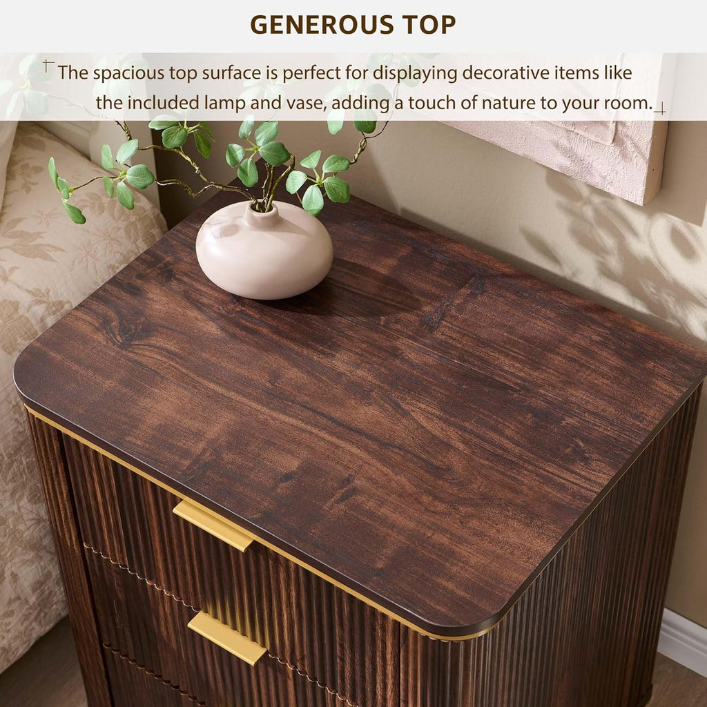 T4TREAM 24" Large Mid Century Modern Fluted Nightstand with 3 Drawers, End Table, Bedside Table for Bedroom, Living Room (Dark Walnut)