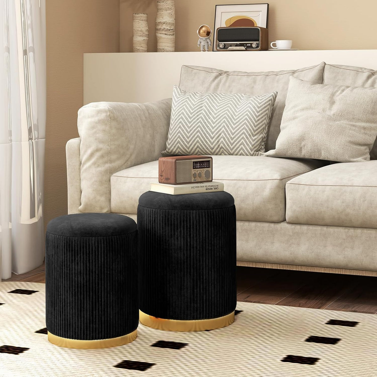 GOFLAME Round Velvet Storage Ottoman Set of 2, Upholstered Footrest with Gold Hoop, Vanity Stool Chair, Stackable Footstool for Living Room, Bedroom, Black & Golden