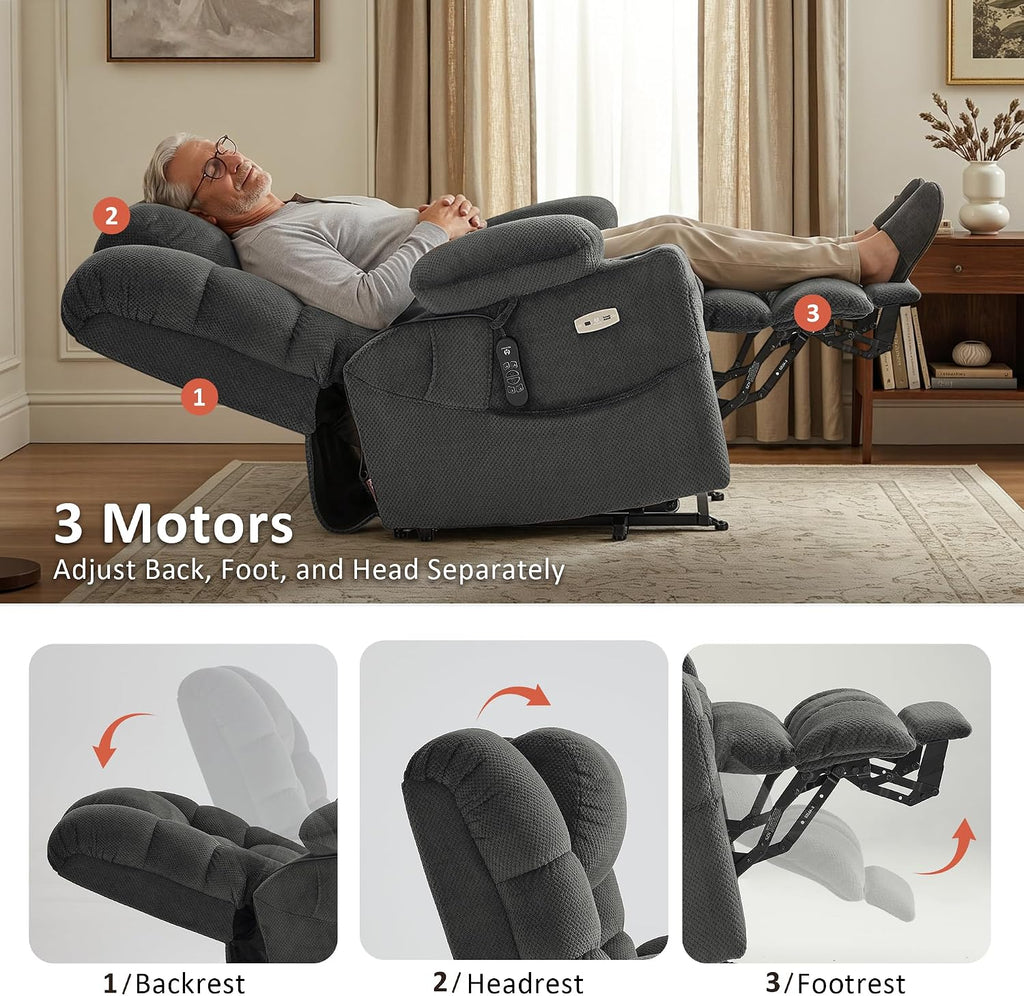 MCombo Triple Motor Lay Flat Power Lift Recliner Chair for Tall Elderly, Infinite Position, Massage, Dual Heating, Adjustable Headrest, Fabric 7634 (Grey, Large)