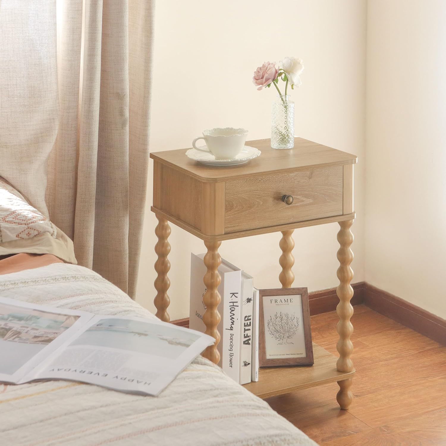 AWASEN Night Stand, Wood End Table with Drawer for Living Room, Small Bedside Side Table with Spindle Wood Legs for Bedroom, Office, Rustic Walnut