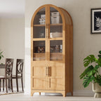 71" Tall Arched Kitchen Pantry Cabinet with Door Shelves, Farmhouse Kitchen Storage Cabinet with Open & Adjustable Shelves, Hidden Drawer & Glass Door, Cupboard for Kitchen, Dining Room, Natural
