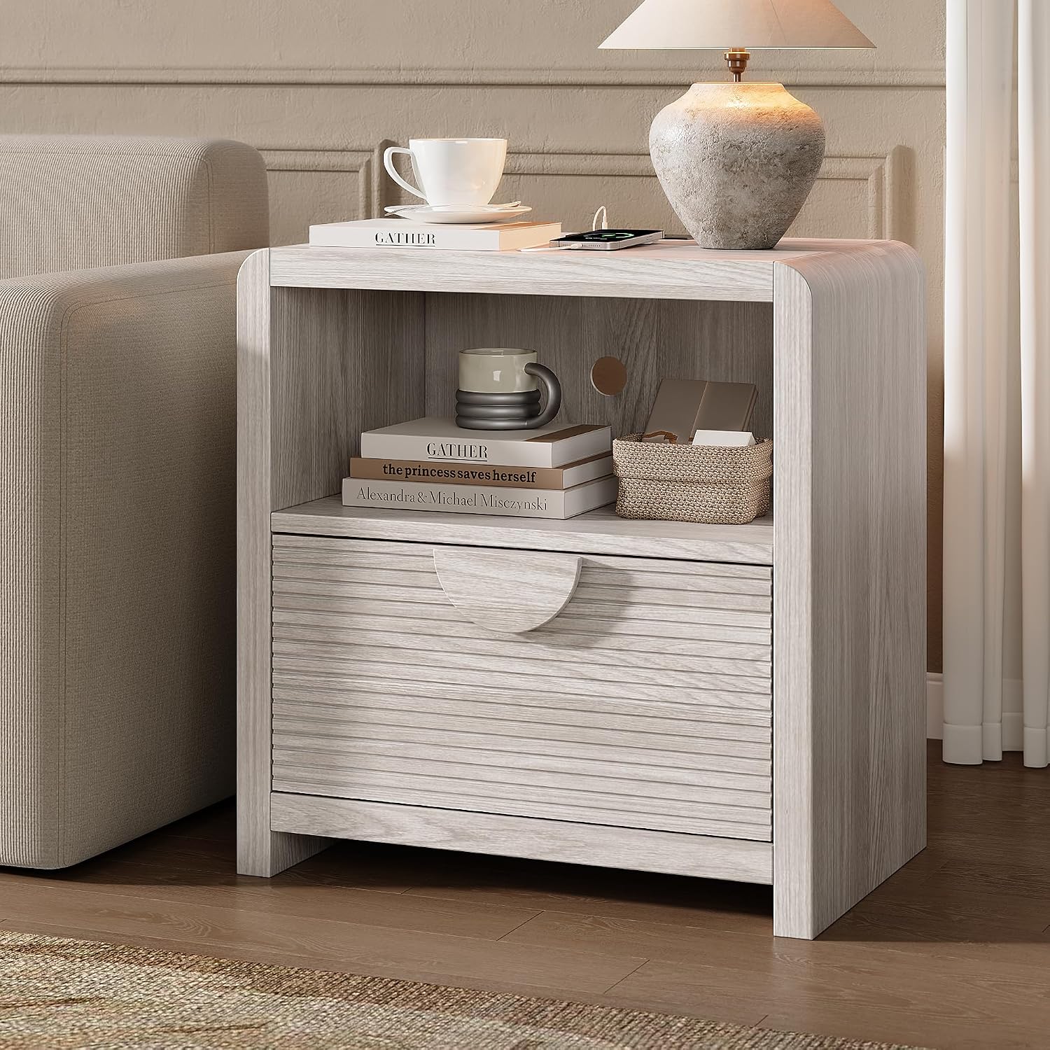 Fluted Nightstands Set of 2 with Charging Station, 23" Wide Wood Bedside Tables with Drawer and Open Compartment, Mid Century End Tables for Bedroom, Home Office, Gray Oak