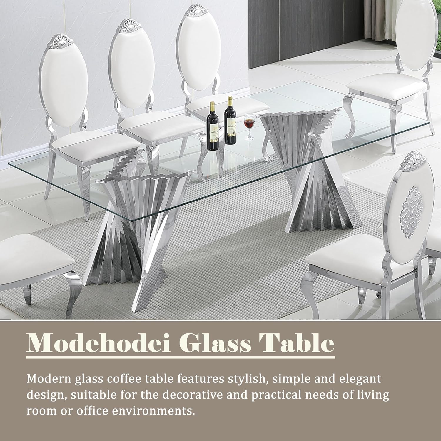 94" Glass Dining Table for 8-10, Large Luxury Kitchen Table with Tempered Glass Minimalist Tabletop and Silver Stainless Steel Pedestal for Dining Room (Table Only)