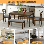Zevemomo 6-Piece Solid Wood Dining Table Set, Includes 1 Dining Table, 4 Upholstered Chairs and 1 Bench, Wooden Legs Dining Table Set for Dining Room, Kitchen, Restaurant, Walnut