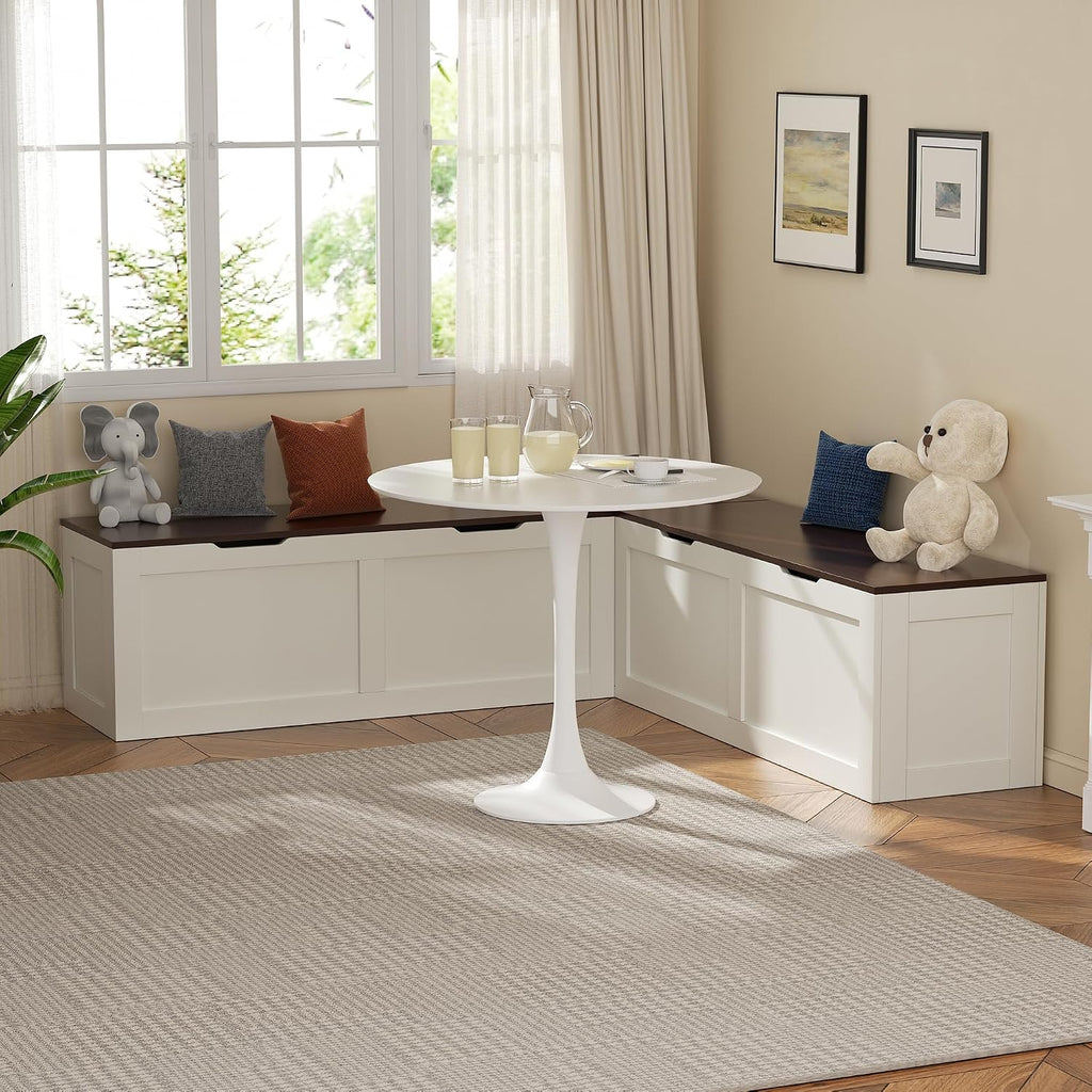 L Shaped Bench with Storage, 63" Breakfast Nook Benches, Kitchen Corner Dining Bench Seating for Entryway Dining Room, Kitchen, Walnut and White