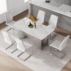 Marble Dining Table Set for 6,63" Kitchen Table Set of 6,Rectangle Dining Room Table Set with Silver Chrome Legs,Tempered Glass Dining Table Set with White Faux Leather Chairs for Dining Room