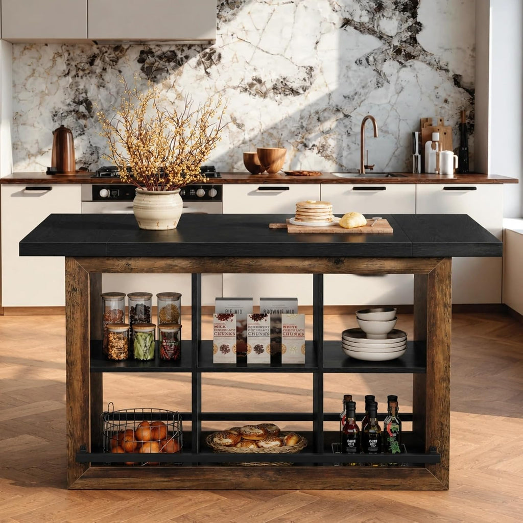 Tribesigns Kitchen Island with Storage, 62.6" Farmhouse Kitchen Island Table with 6-Cubby Open Shelves & Metal Foot Rail, Butcher Block Counter Height