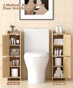 Akxomel Rattan Small Bathroom Cabinet Narrow Toilet Paper Organizer Oak | 7.9''D x 7.9''W Bathroom Organizer and Storage Cabinet for Small Space, Slim Corner Unit with Adjustable Shelf