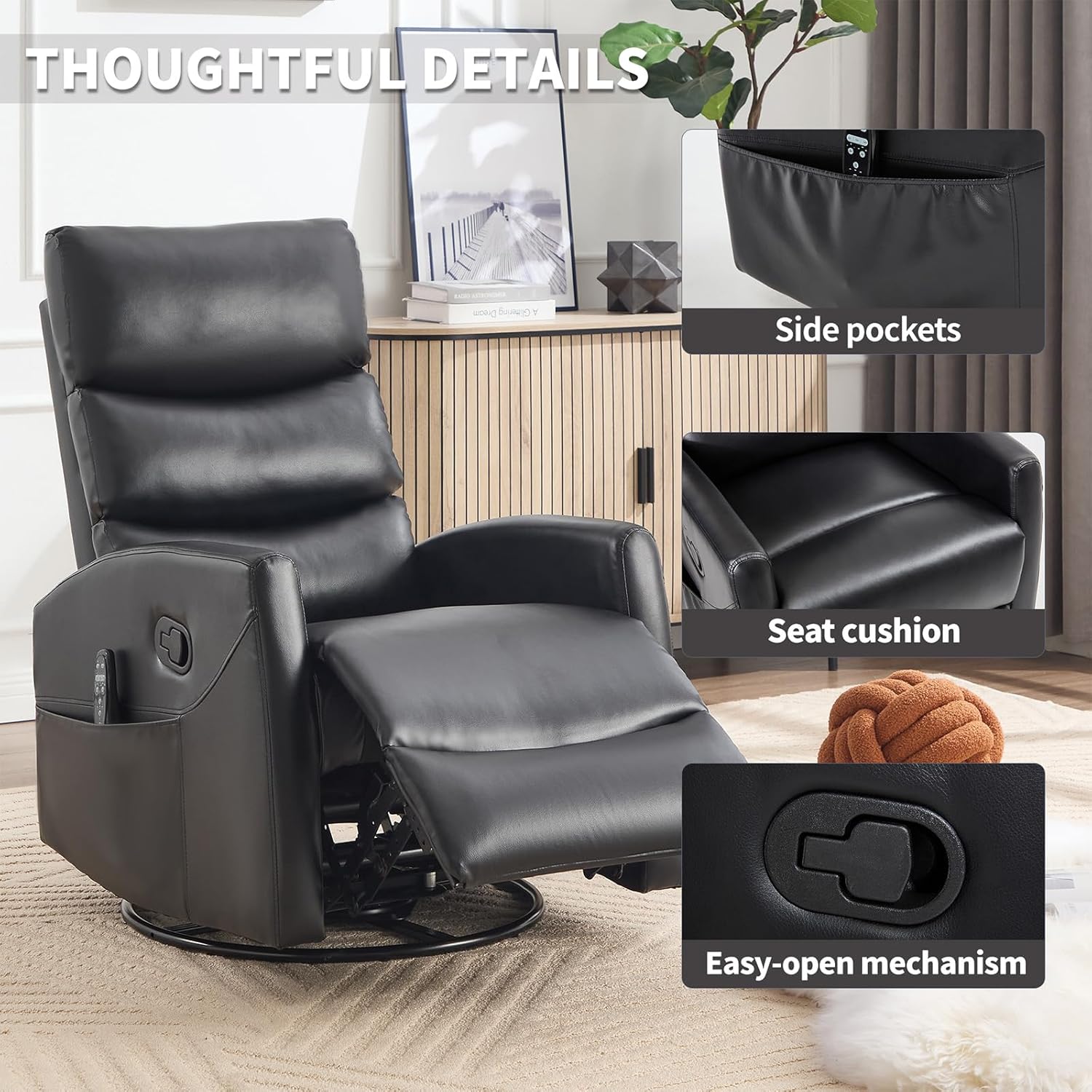 Rocker Recliner Chairs, 360° Swivel Rocking Recliner Chair for Adults,Glider Rocker Recliners, Small Recliners with Vibration Massage and Heat for Living Room (Black)