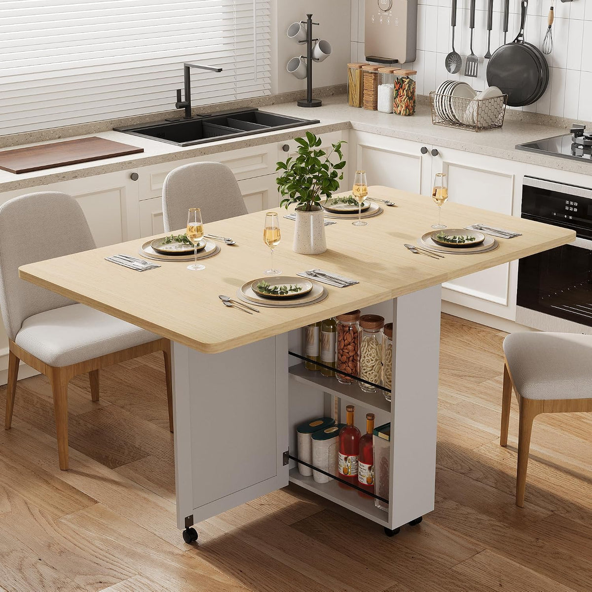 IDEALHOUSE Folding Dining Table, Folding Kitchen Table with Drawers and Storage, Apartments, Small Spaces, White