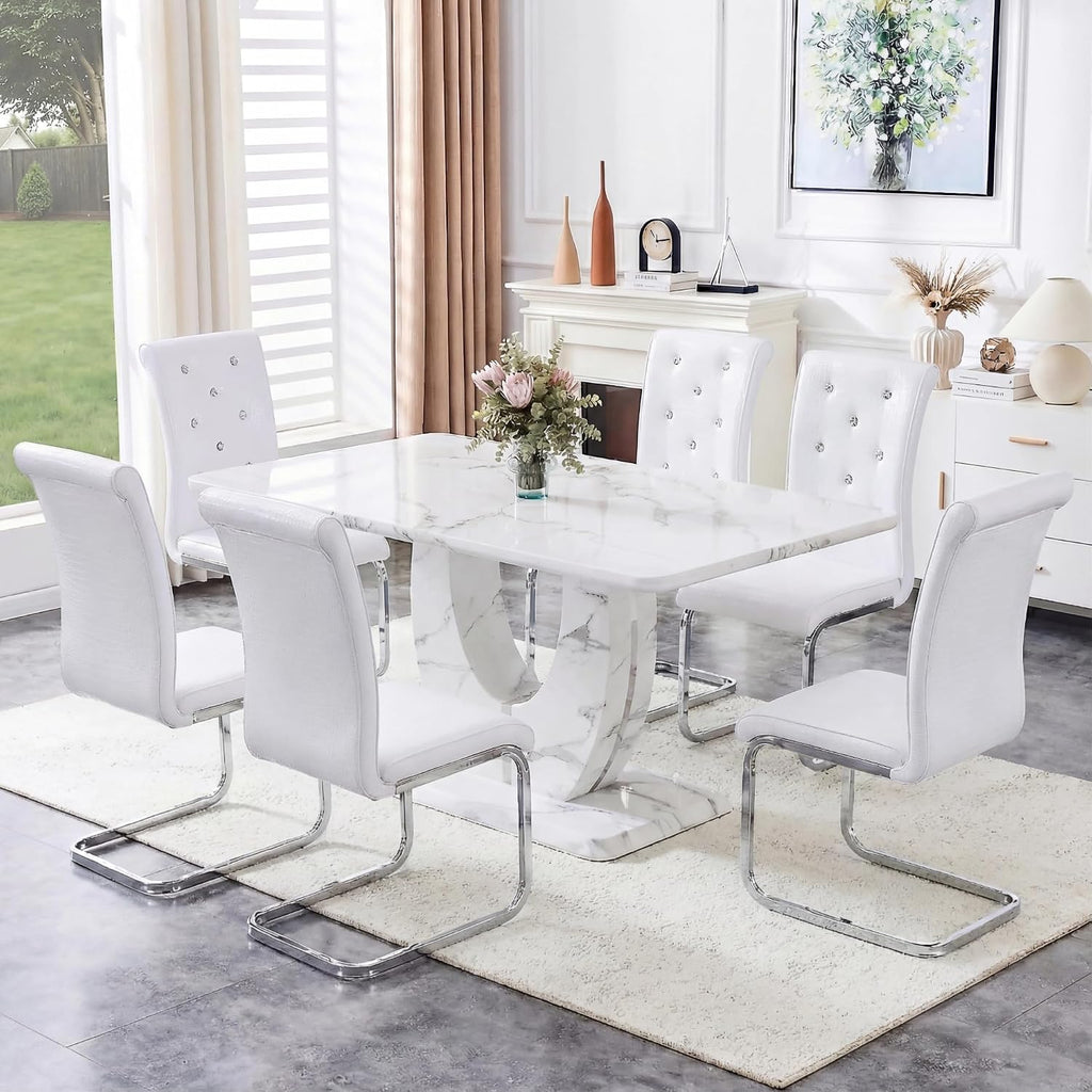 Dining Table Set for 6, Kitchen Table Chairs Set of 6, Modern Dining Room Set 63'' Marble Dinner Table PU Leather Upholstered Chairs for Kitchen (White-cro)