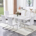 Dining Table Set for 6, Kitchen Table Chairs Set of 6, Modern Dining Room Set 63'' Marble Dinner Table PU Leather Upholstered Chairs for Kitchen (White-cro)