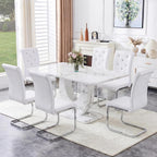Dining Table Set for 6, Kitchen Table Chairs Set of 6, Modern Dining Room Set 63'' Marble Dinner Table PU Leather Upholstered Chairs for Kitchen (White-cro)