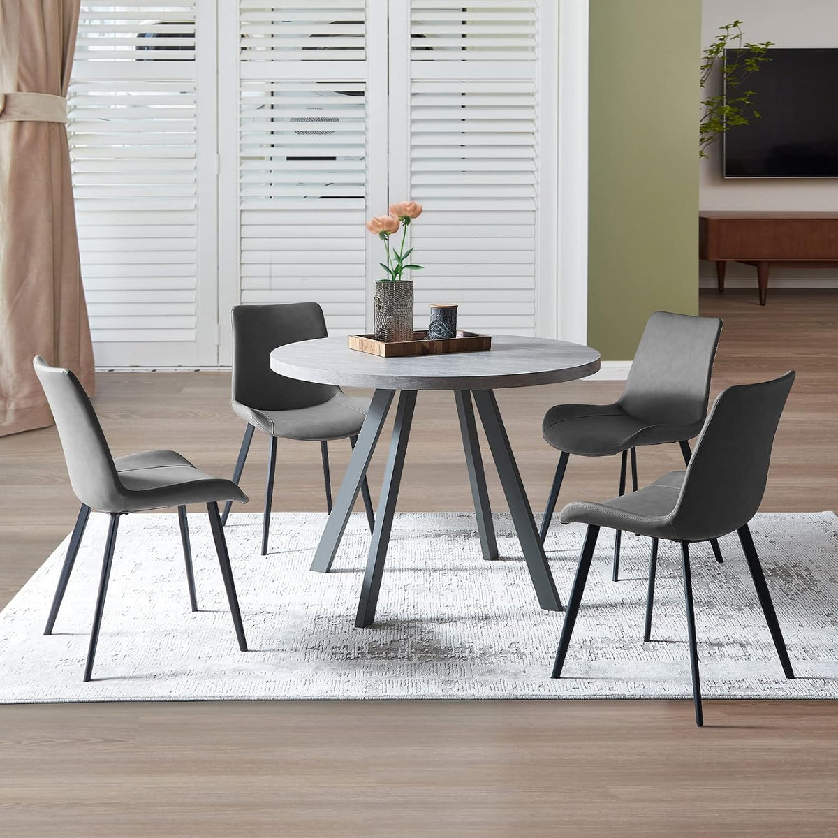 Zerifevni Round Dining Table Set, Mid Century Modern Small Round Dining Table Set, Saving Space (Table + 4 Grey Chairs)