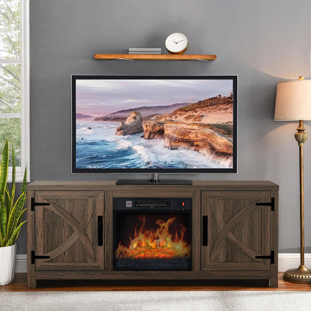 58 Inch Fireplace TV Stand for TV up to 65" | Farmhouse TV Stand with 18" Electric Fireplace, Rustic Entertainment Center with Storage, TV Stands for Living Room (Coffee)