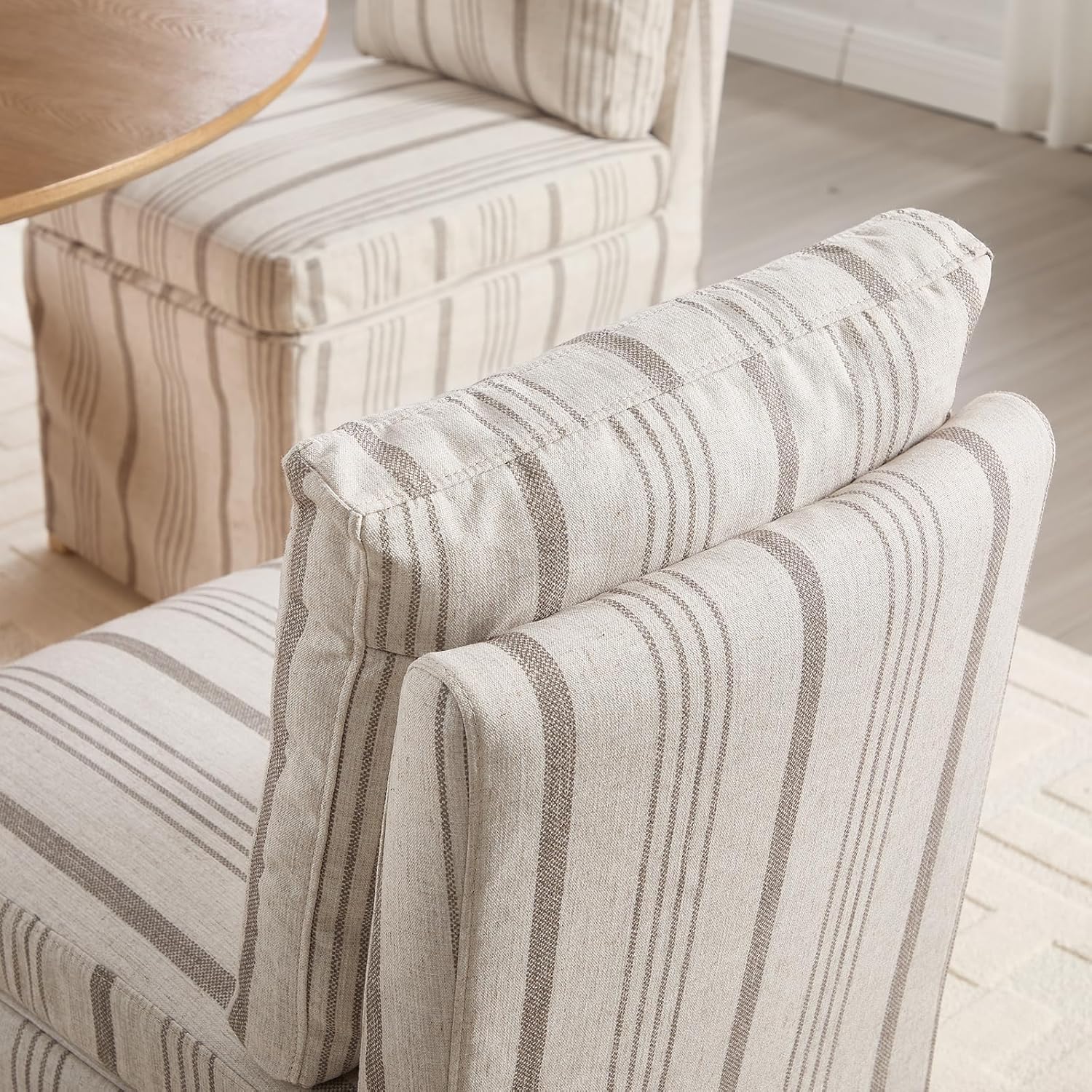 Upholstered Dining Chairs Set of 6 Slipcovered Armless Dining Chair with Solid Wood Legs, Soft Padded Upholstered Side Chair for Dining/Living/Readin Room, Banquet, Khaki Stripe