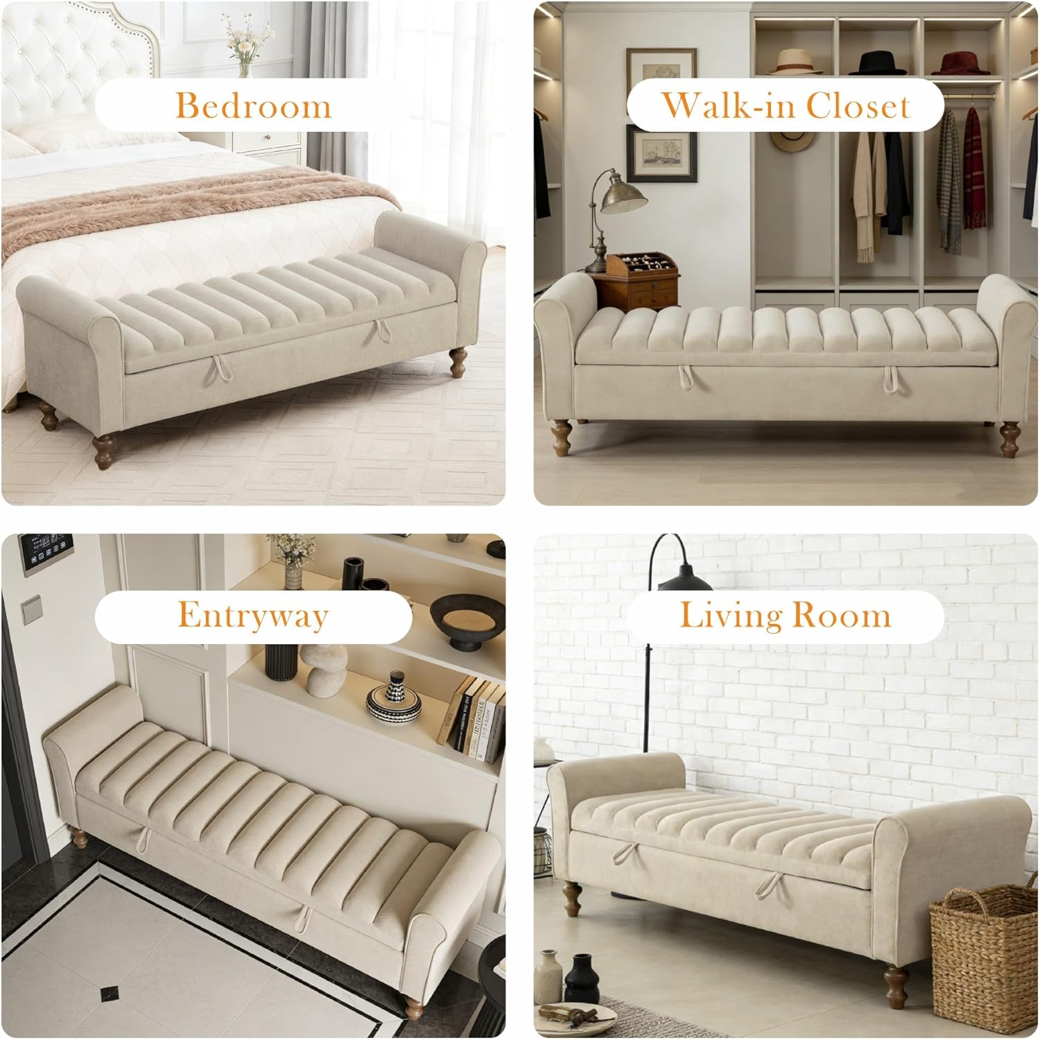 Aoiy & Wifon 65.55" W Large Storage Ottoman Bench, King Size End of Bed Storage Bench with Wood Legs, Upholstered Window Bench for Bedroom, Living Room, Entryway, Griege